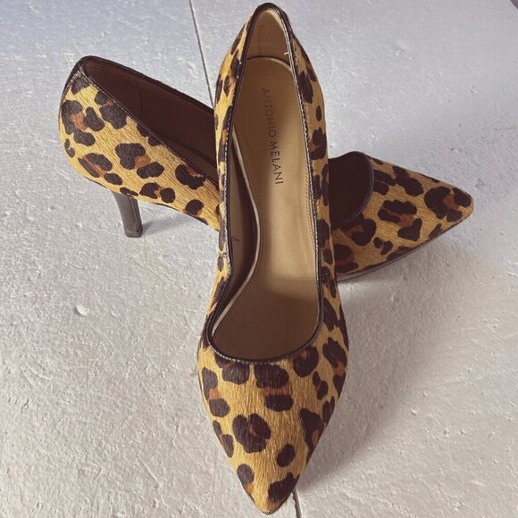 Antonio Melani SZ9 Leopard calf hair leather heels Chic Old Money Timeless - Picture 1 of 10